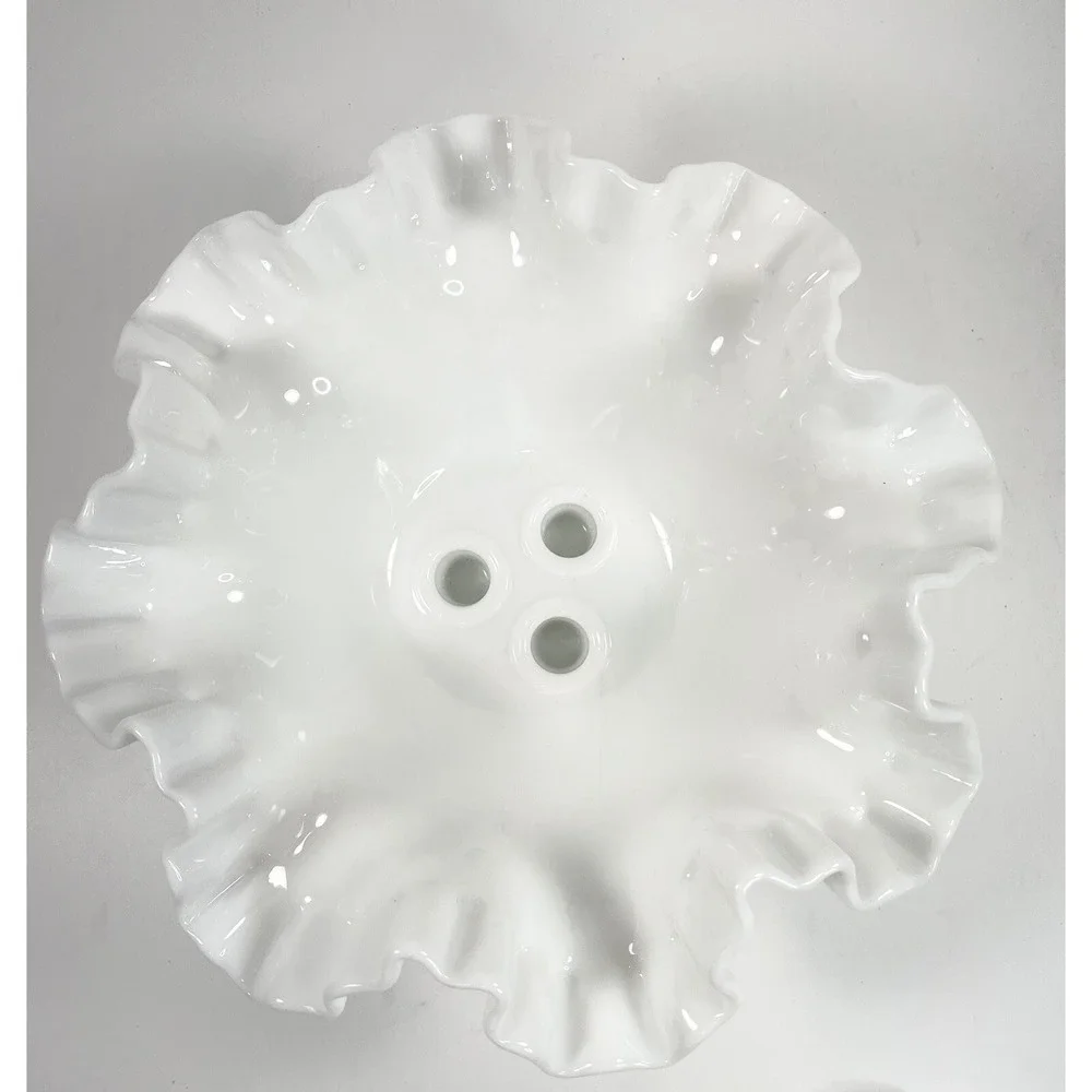 Vtg 1960s Fenton Hobnail Milk Glass Candle Stick Holder Bowl No Horns Ruffled